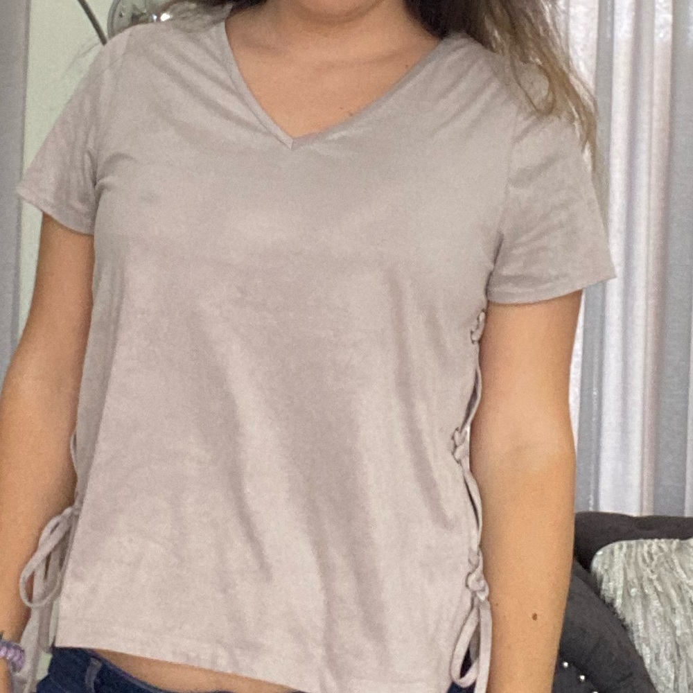 Influence faux suede light gray V neck top with lace up sides